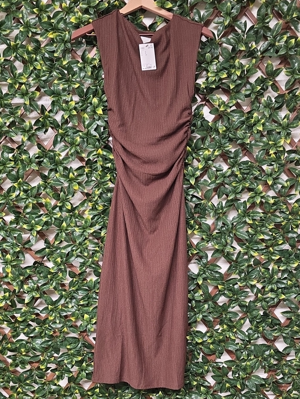 Sleeveless Brown Ruched Midi Dress